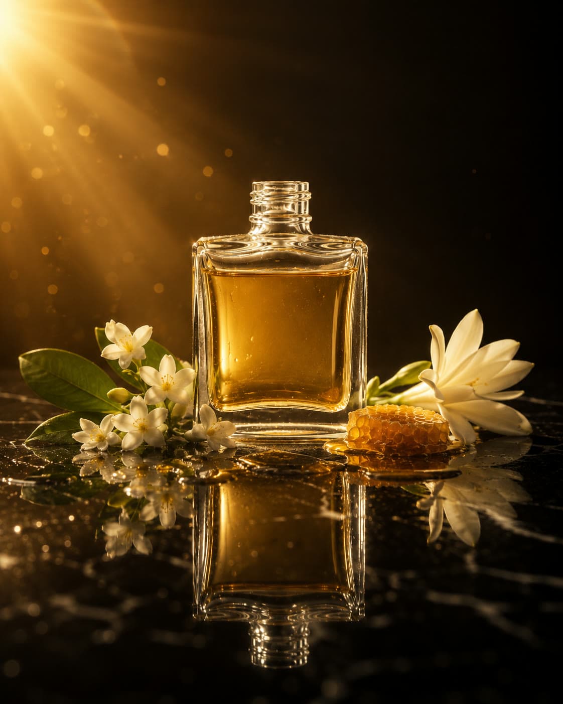 BLOOM packshot — the bottle in full golden sun with jasmine and honeycomb