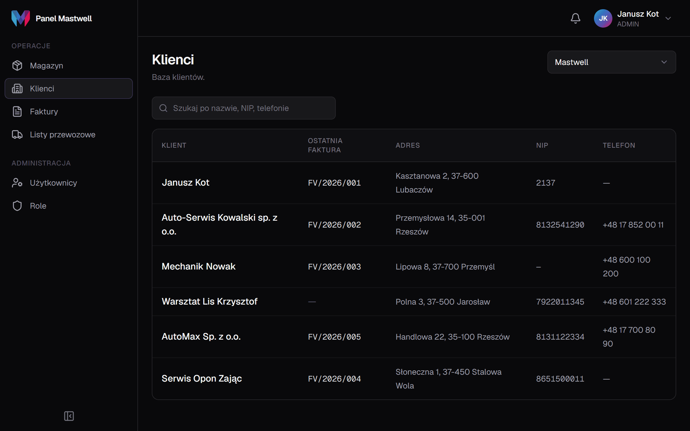 Clients — the customer base with NIP, addresses and each client's latest invoice