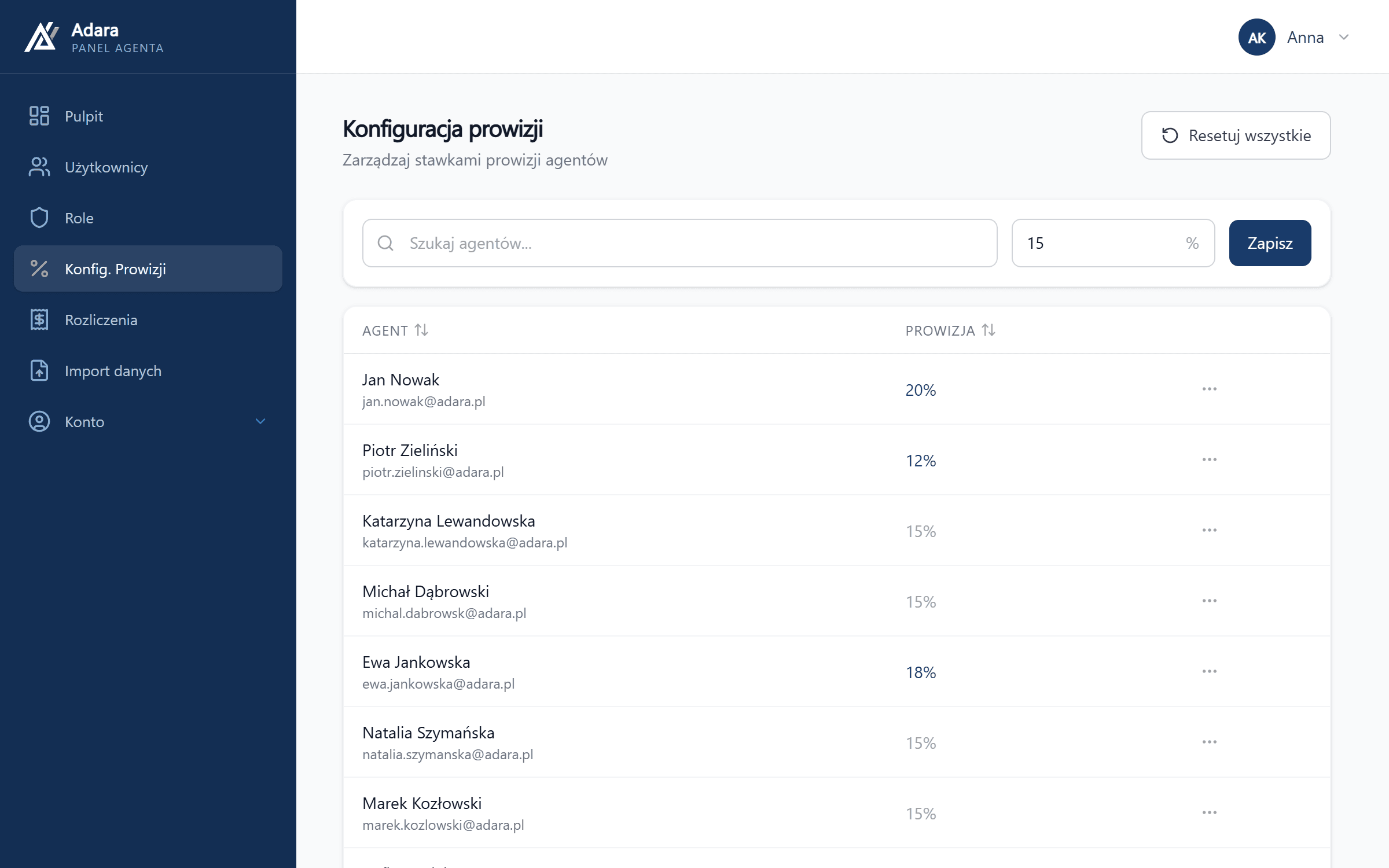 Commission configuration — per-agent rates with search, sorting and inline save