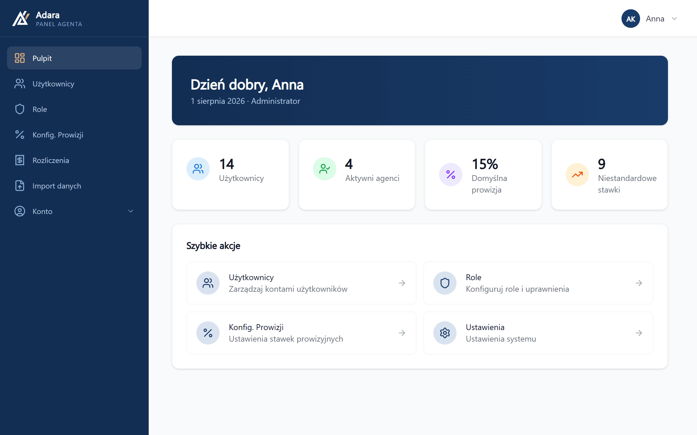 Panel Adara — dashboard with KPI cards: users, active agents, default commission and custom rates