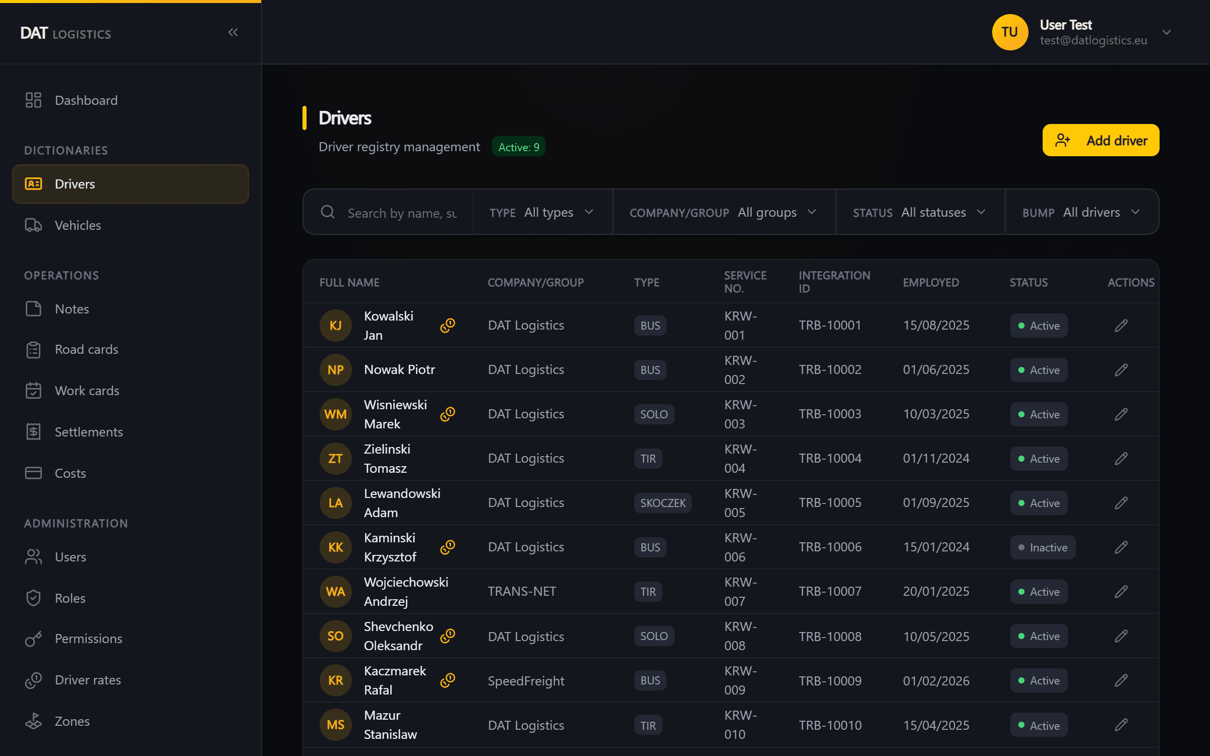 Drivers register in the dark theme — statuses, vehicle classes and company groups, one of nine modules