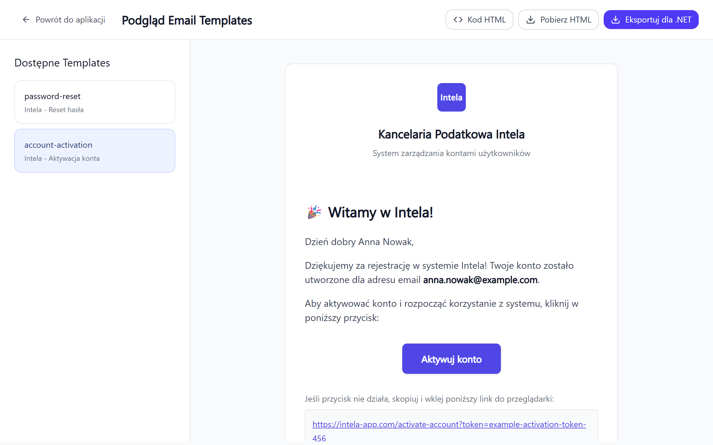 Account-activation e-mail — the welcome template rendered live in the preview tool