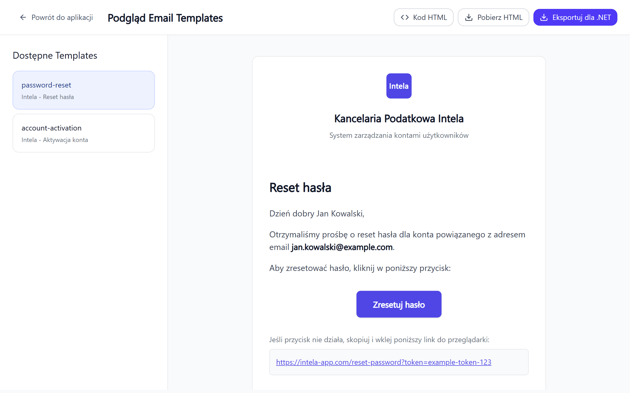 E-mail template preview — the password-reset mail rendered live, with HTML and .NET export
