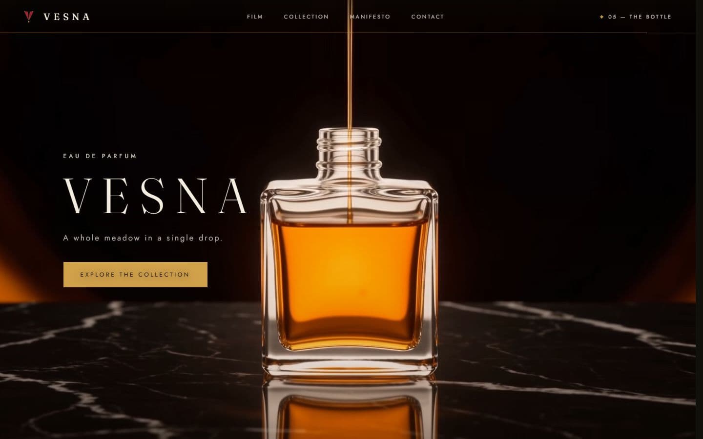 Finale — the bottle on black marble as a golden thread of essence pours in
