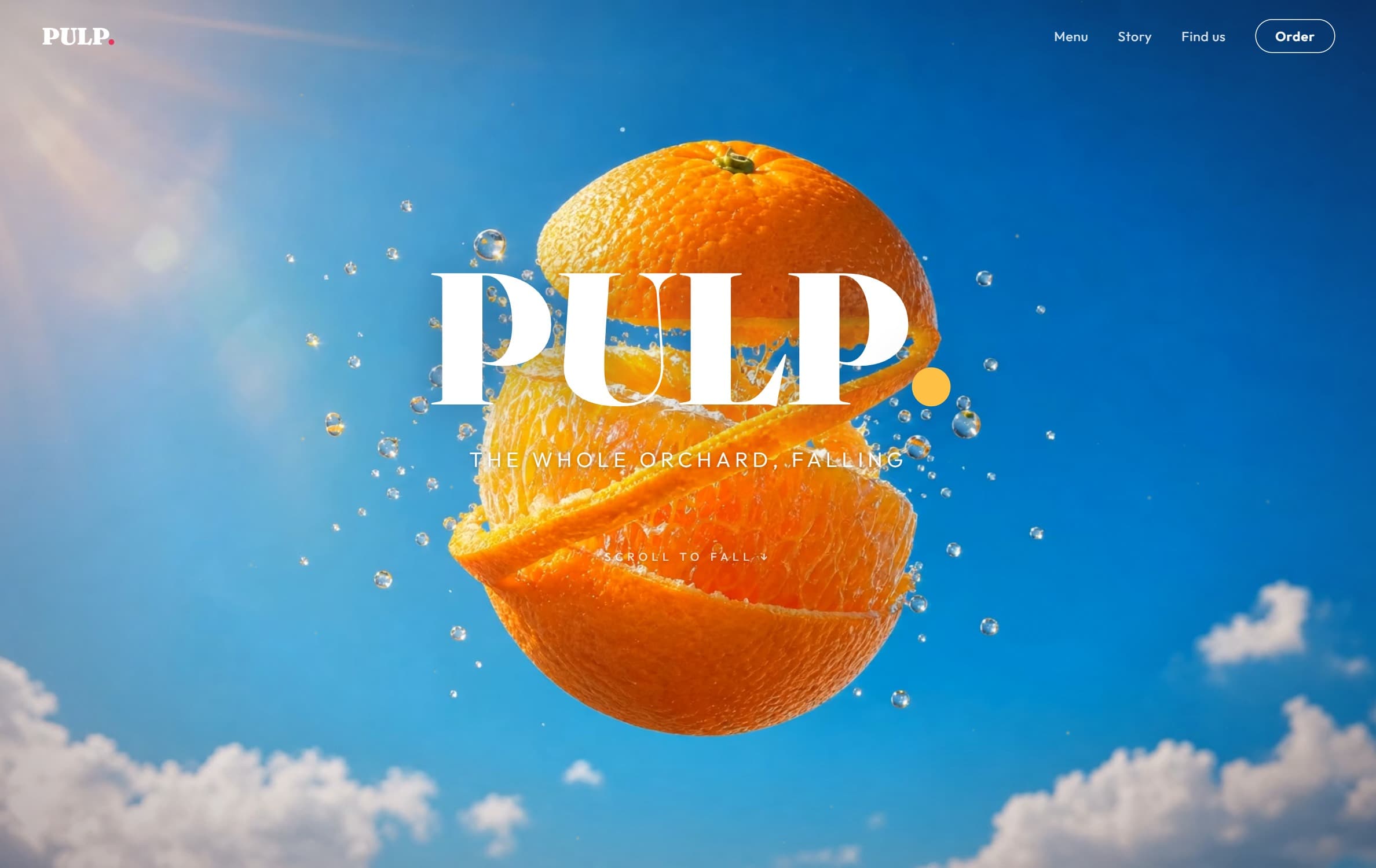 PULP. — a split orange falling through blue sky