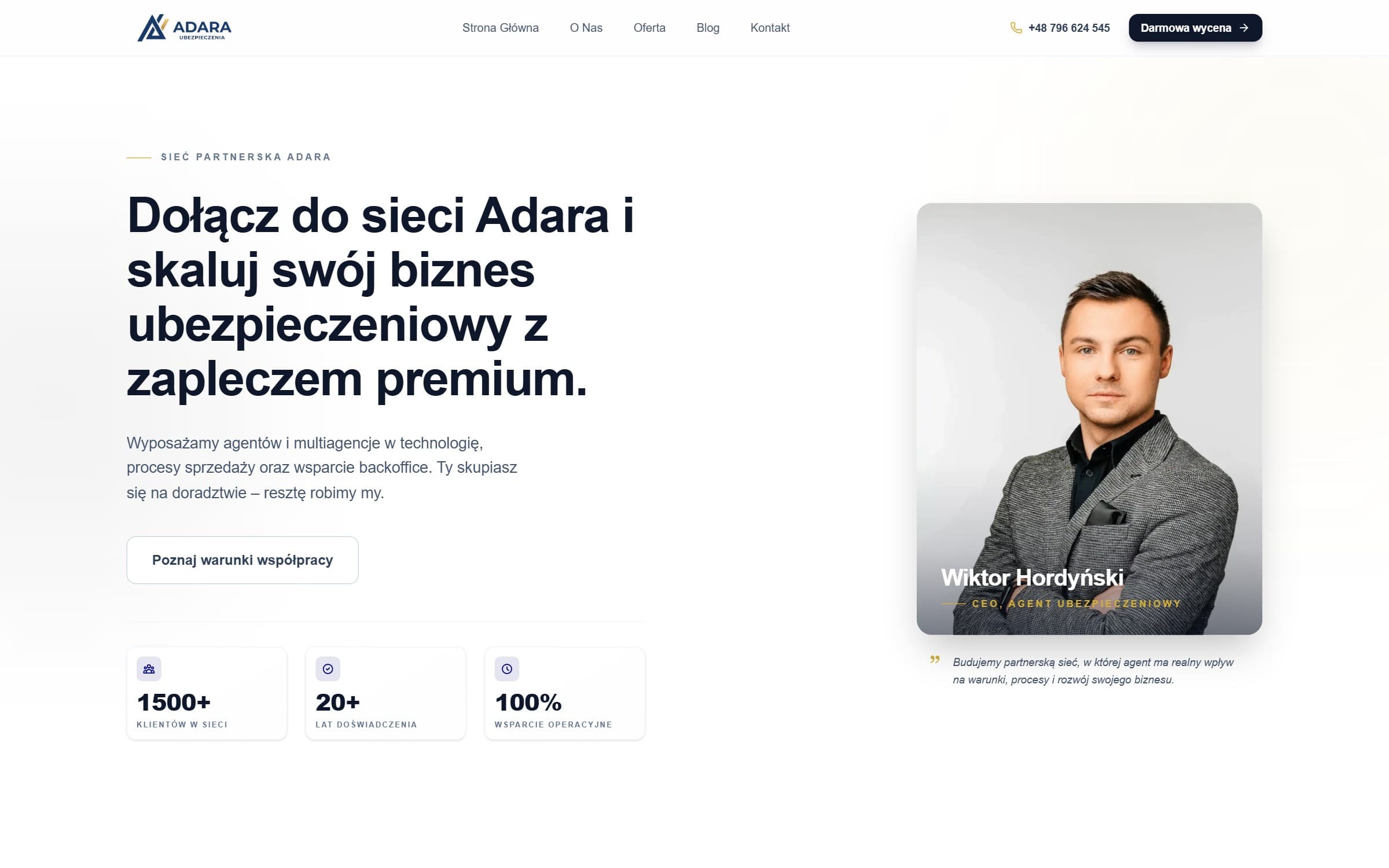 Adara Ubezpieczenia — live hero: join the partner network, with the founder's portrait
