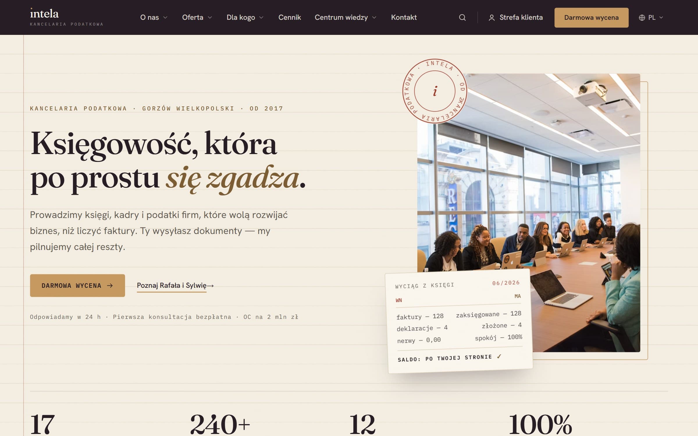 Intela — hero with serif display, the round stamp and a ledger card: nerwy 0,00, spokój 100%