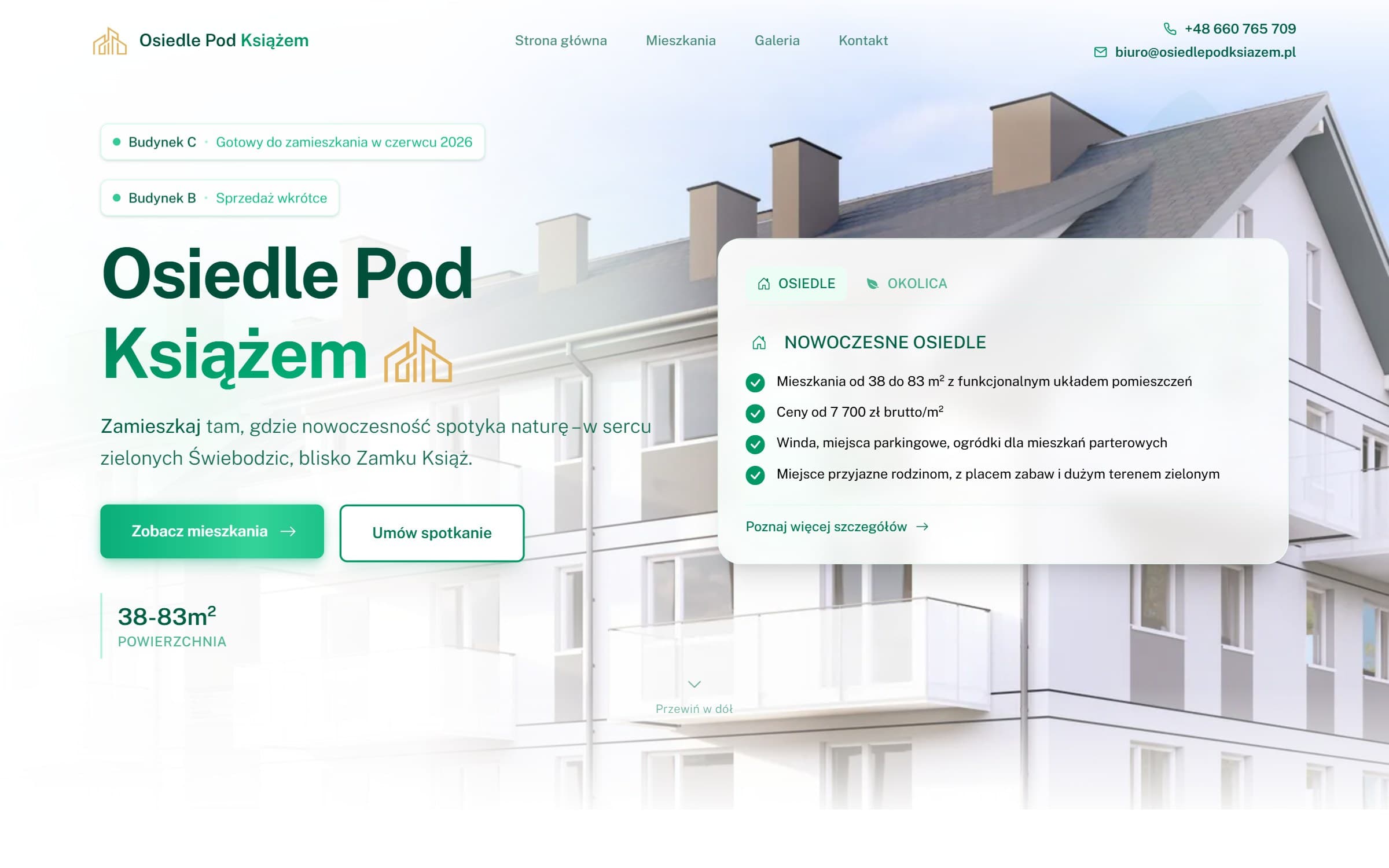 Osiedle pod Książem — hero with the estate render, sale-status pills and the estate info card