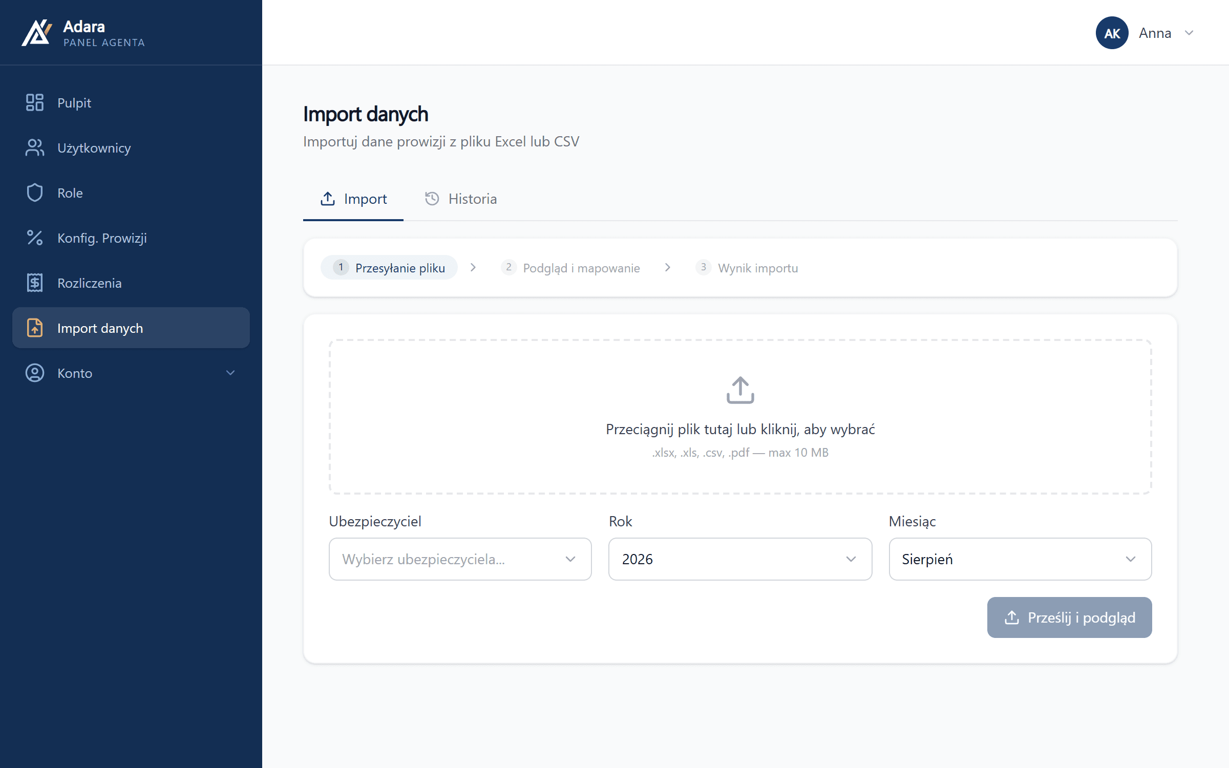 Data import — the three-step wizard: file upload, preview and mapping, result