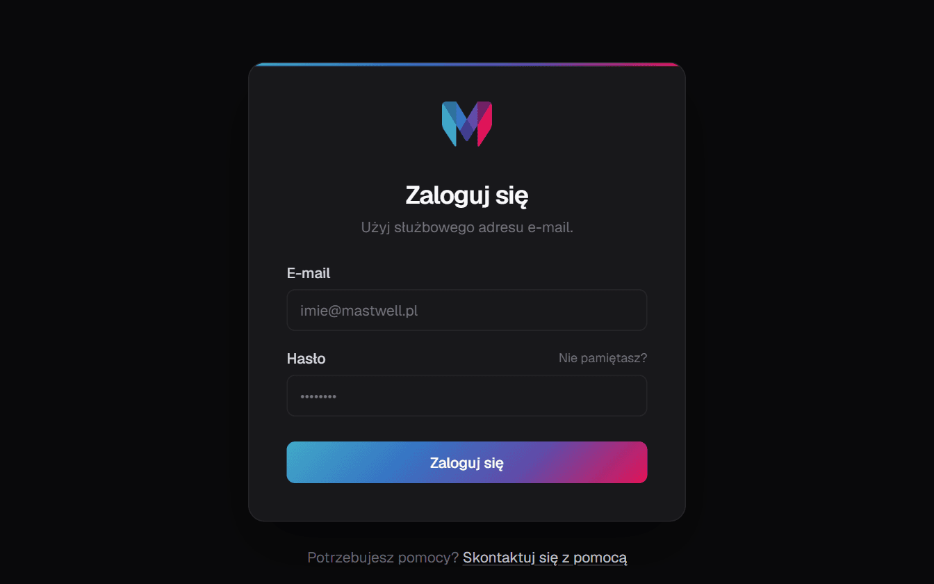 Login card — company-domain e-mail, password rules and the gradient brand mark