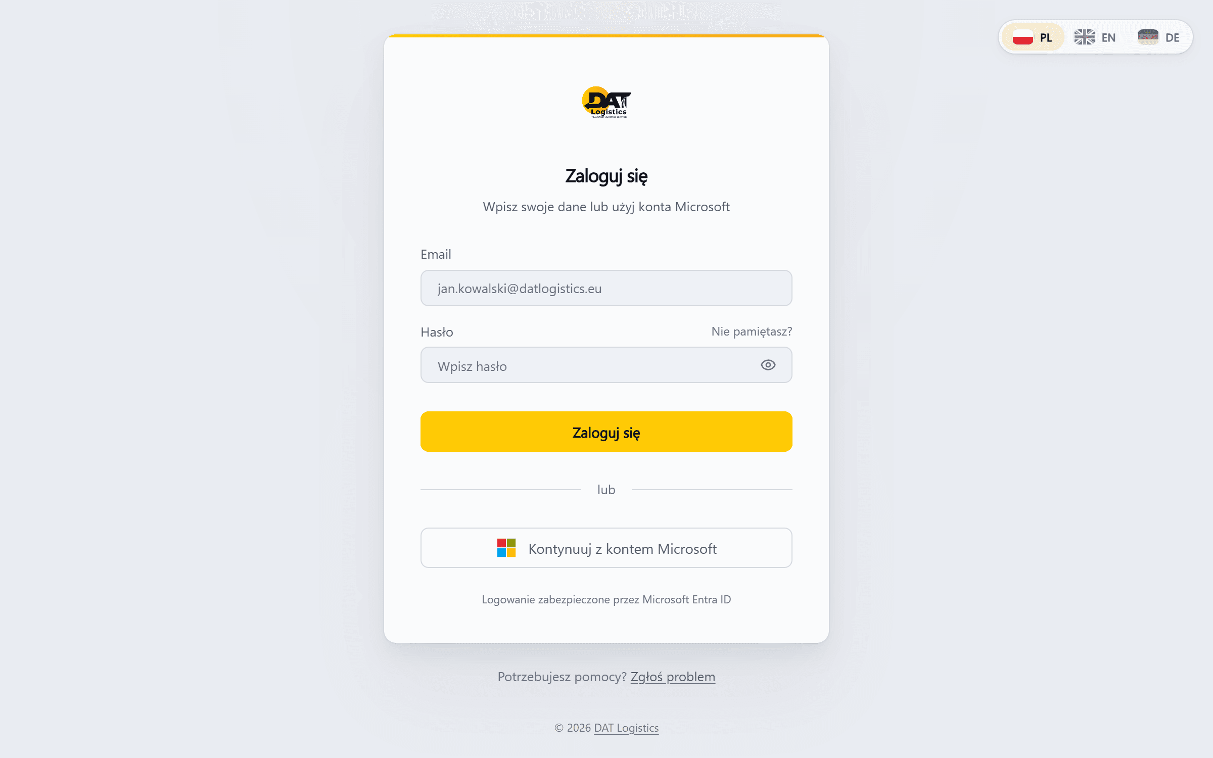 Login in the light theme — PL · EN · DE switcher and Microsoft Entra ID sign-in