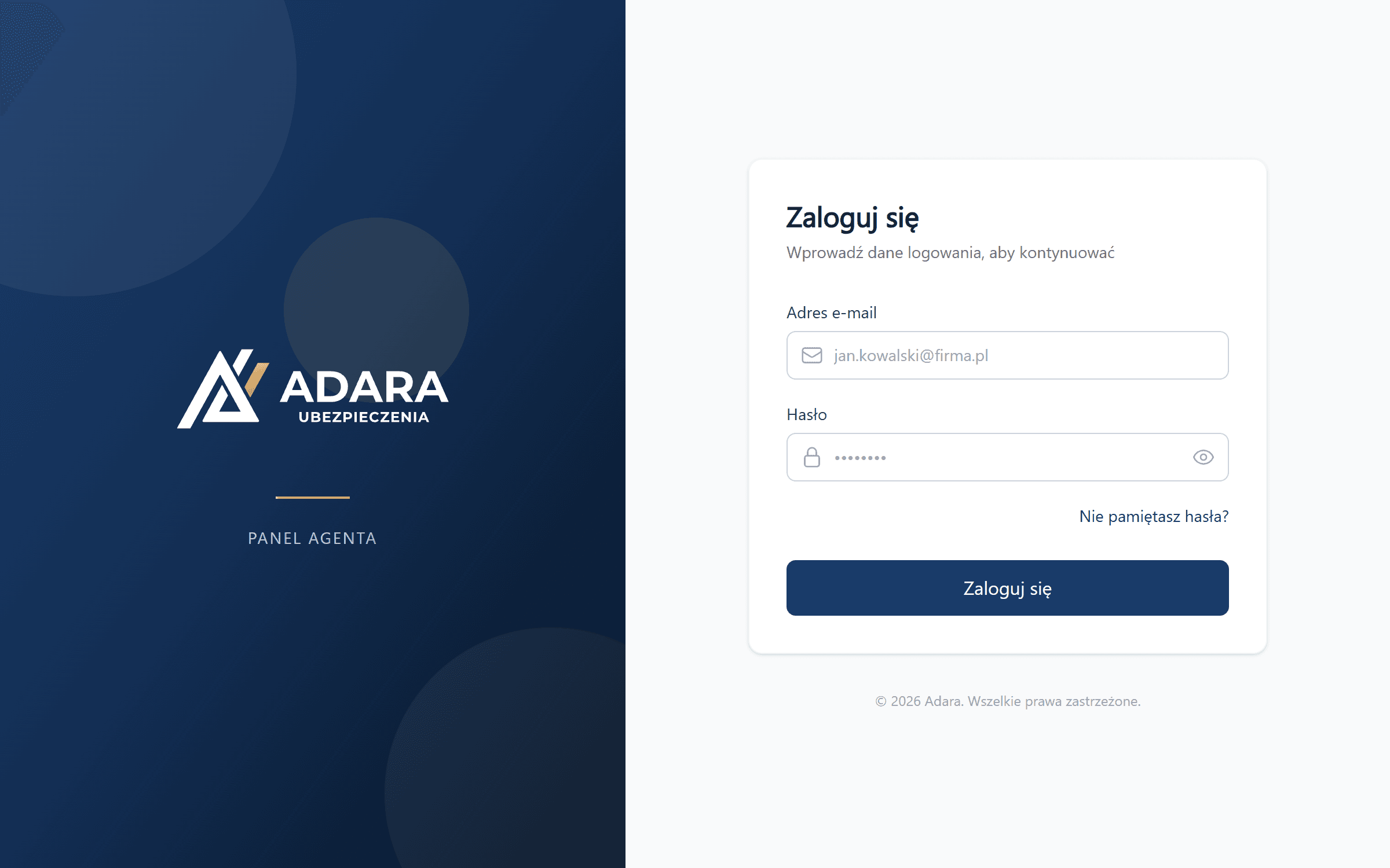 Panel Adara — the navy-and-gold login: brand panel beside the sign-in card