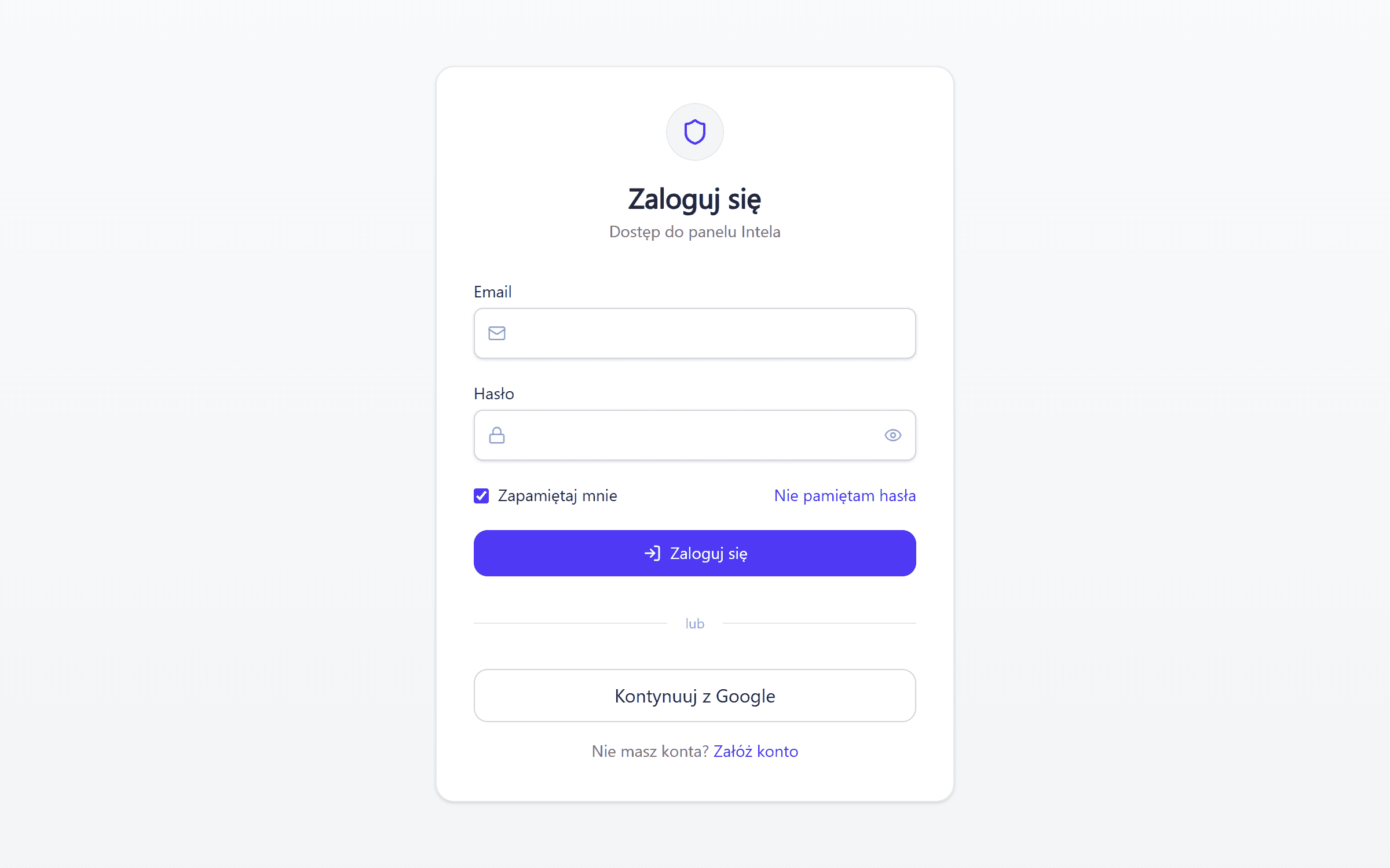 Panel Intela — login with e-mail and password, remember-me, or Google sign-in
