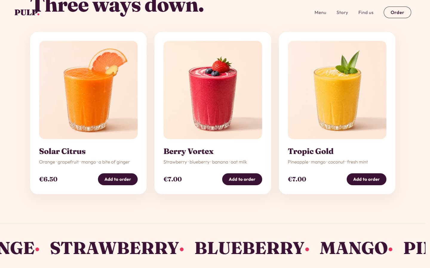 Menu — three product cards over the ticker marquee