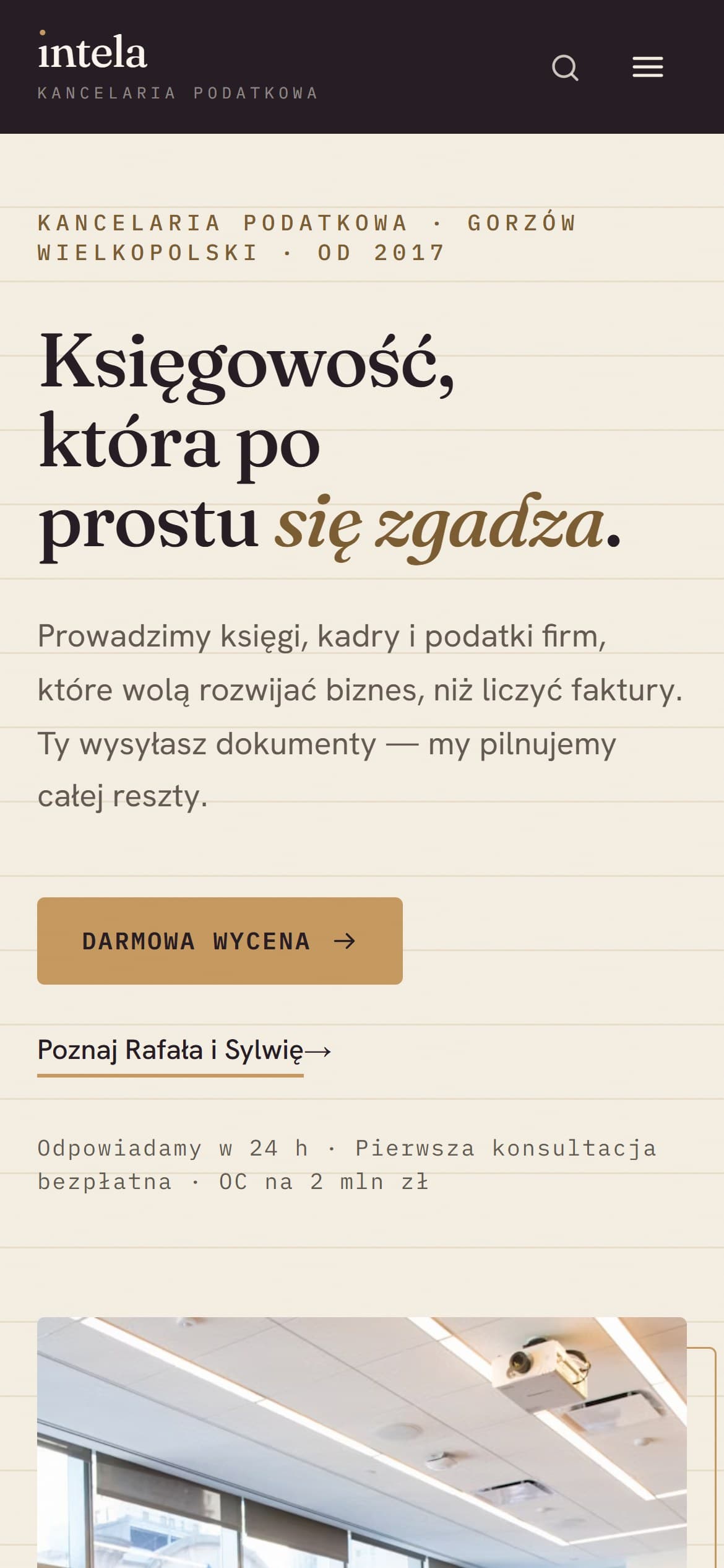 Intela on a phone — the ruled-paper hero with the serif headline and the free-quote CTA
