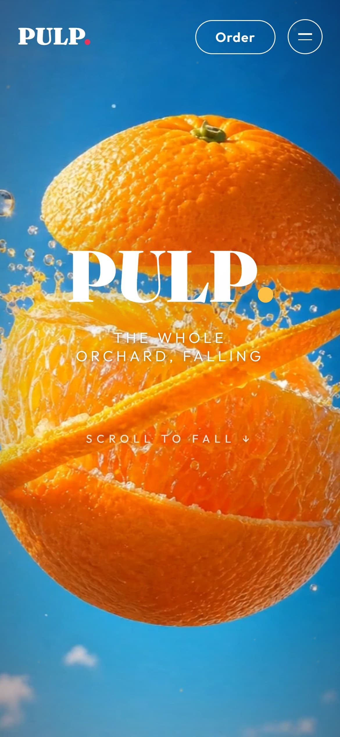 PULP. on a phone — the split orange mid-air, the wordmark and the Order pill
