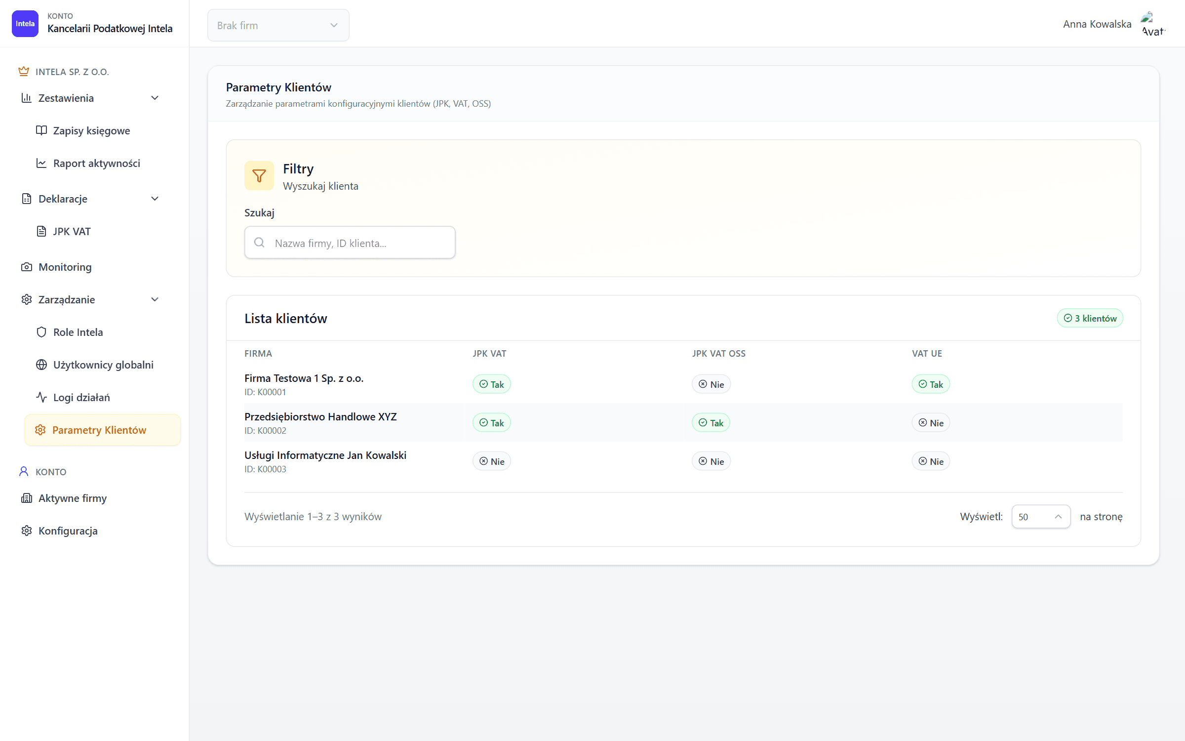 Intela Panel — client parameters module with the full navigation expanded