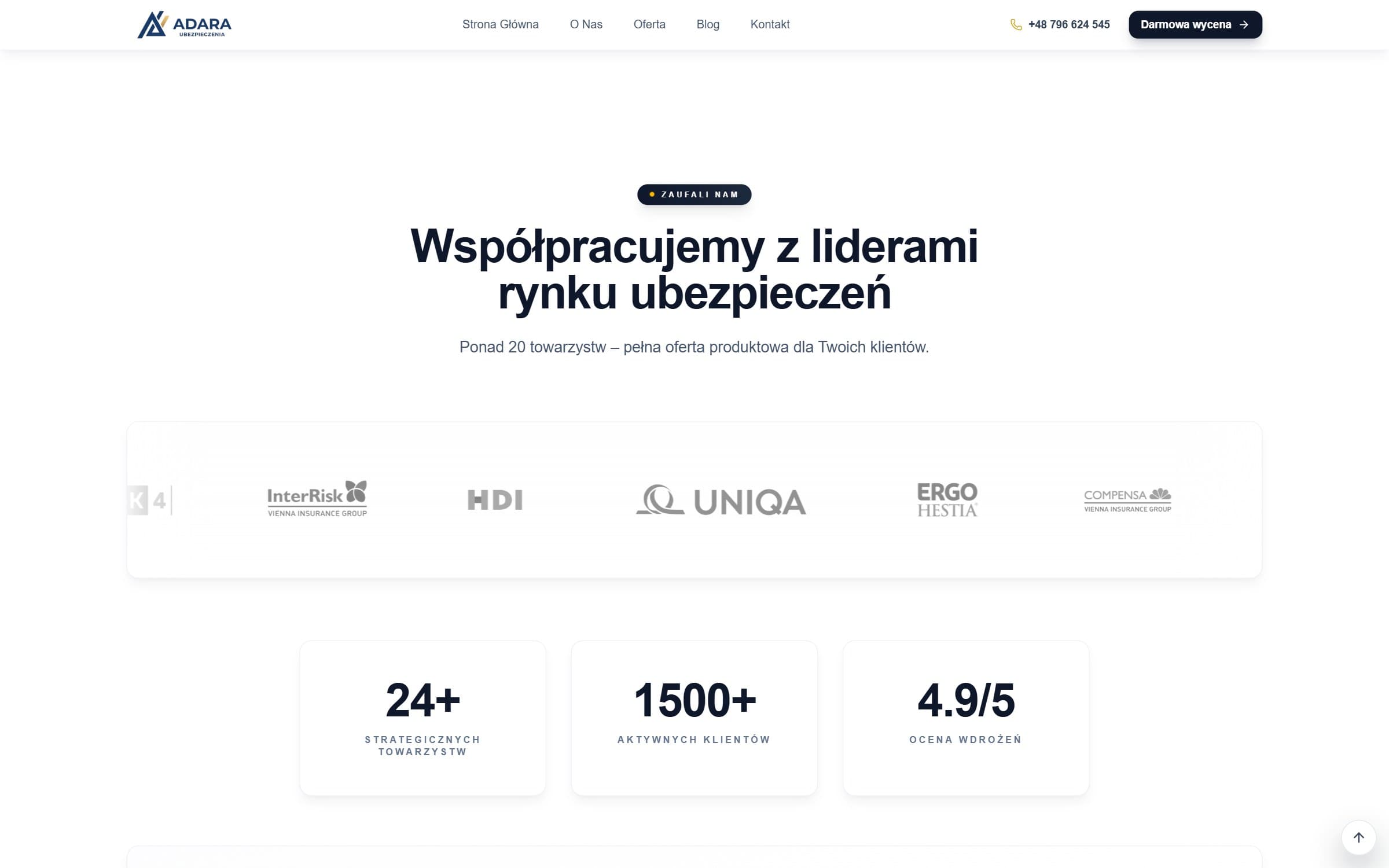 Insurer logo wall and network numbers — 24+ insurers, 1500+ active clients, 4.9/5