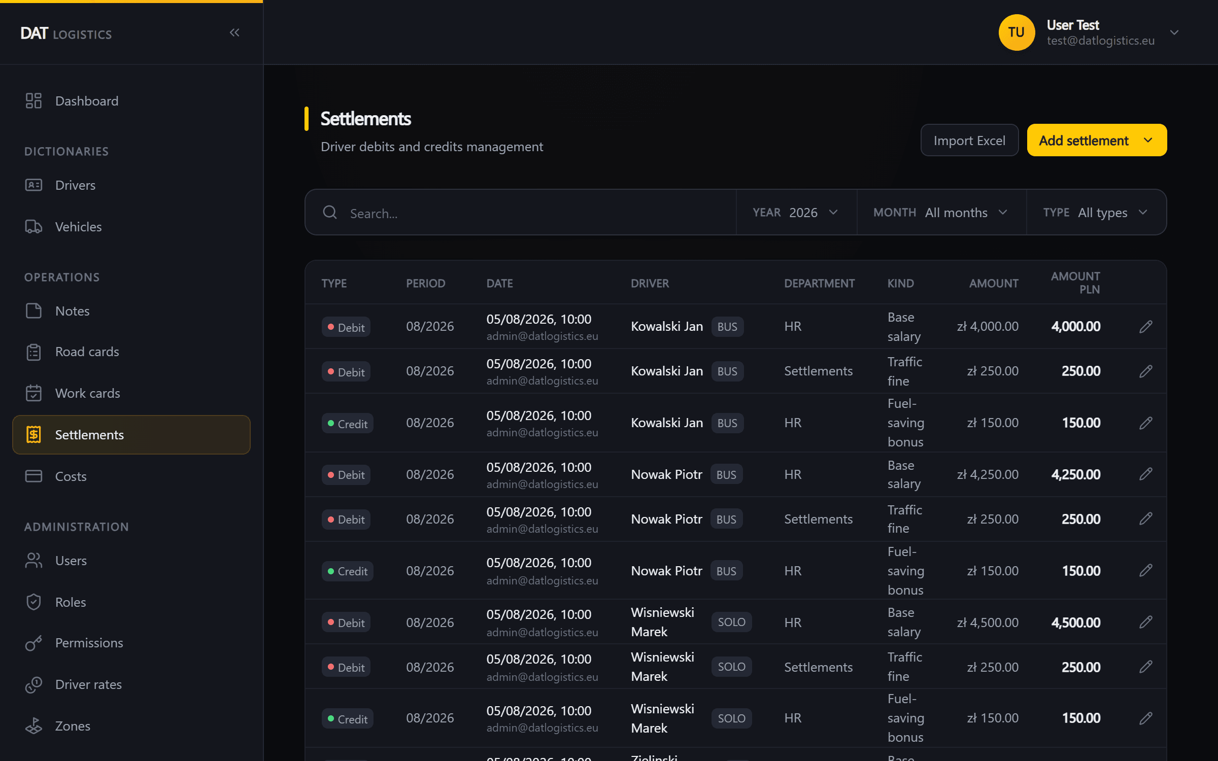 Settlements — driver debits and credits with Excel import, filtered by year, month and type