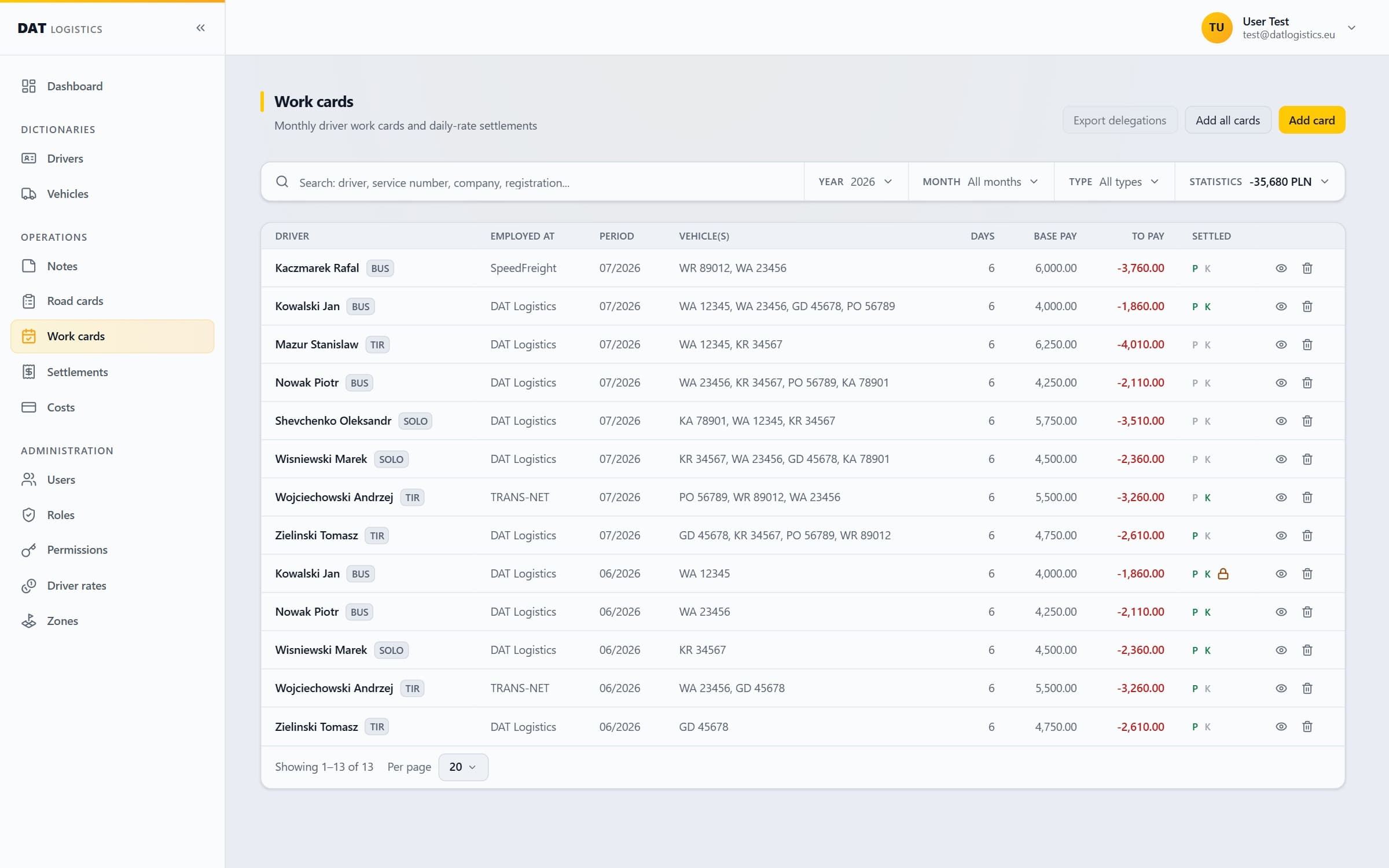 Work cards — monthly settlement view with per-day entries