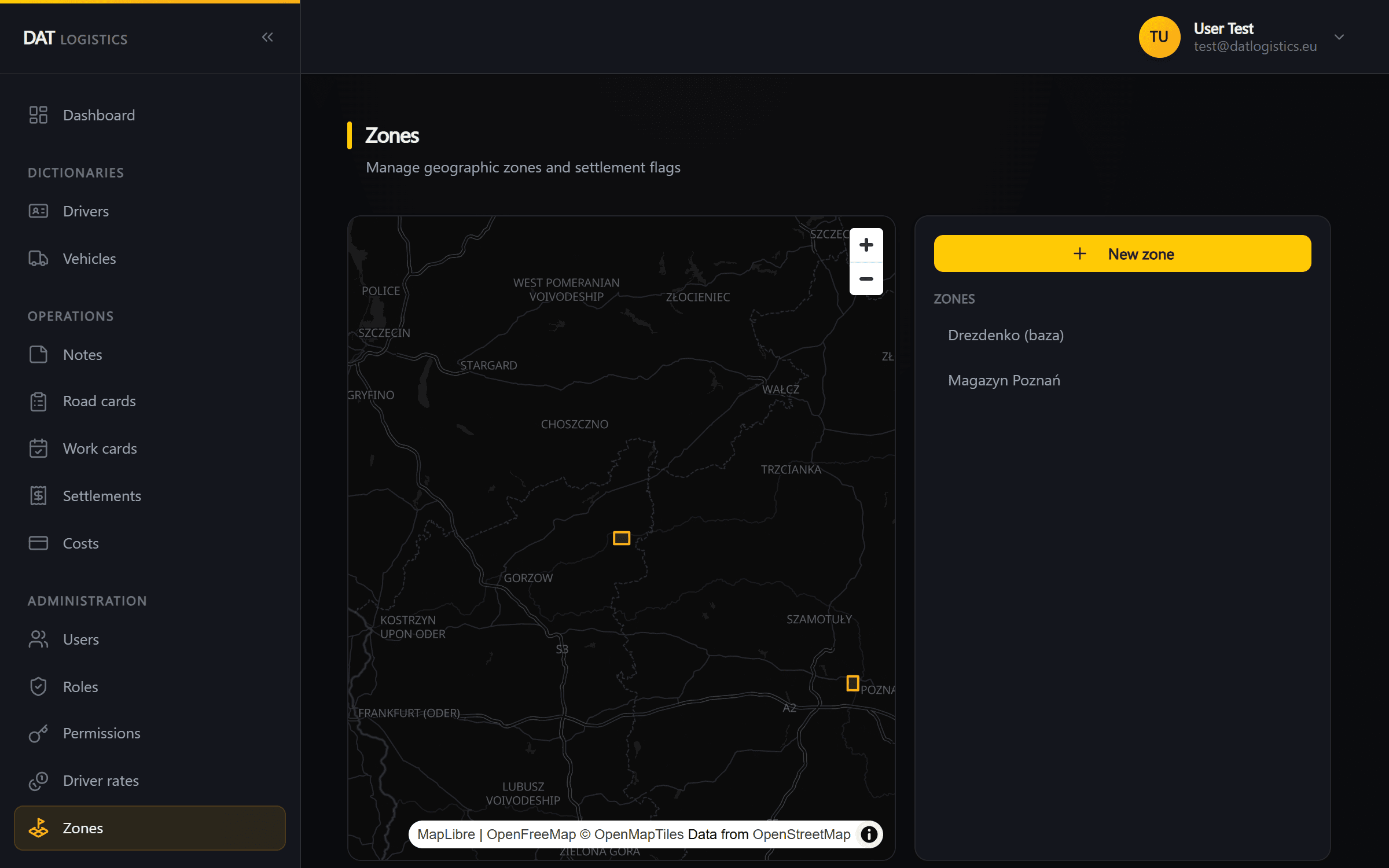 Zones — operational zones drawn on a live MapLibre map, with the zone list beside it